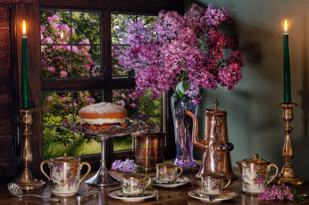 Картинка еда натюрморт сирень свечи кофейник торт