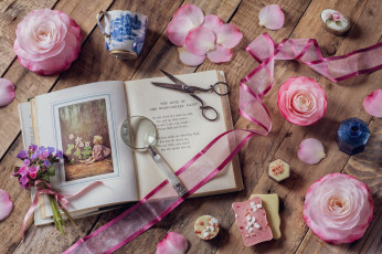 Картинка разное канцелярия +книги лепестки книга лупа камелии розовые