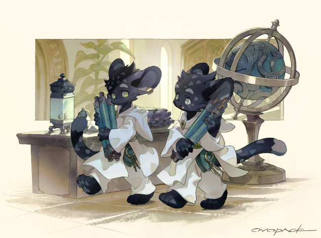 Обои картинки фото аниме, животные,  существа, существа, свитки, стол, глобус