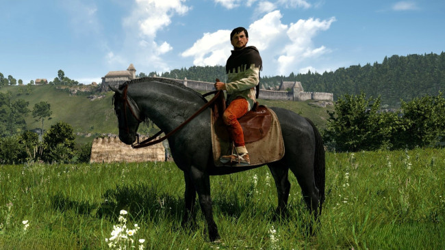 Обои картинки фото видео игры, kingdom come,  deliverance, всадник, луга, холмы, лес, крепость