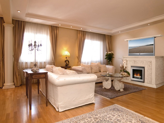 Обои картинки фото интерьер, гостиная, кмин, торшер, кресло, диван, стол, колонна