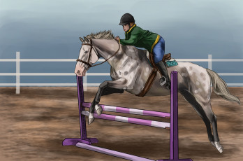 Картинка рисованные животные +лошади наездник лошадь прижок