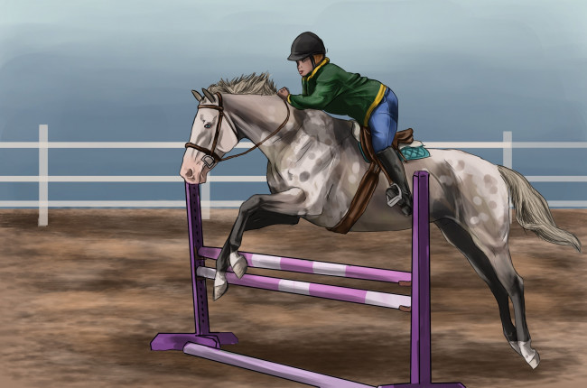 Обои картинки фото рисованные, животные,  лошади, наездник, лошадь, прижок