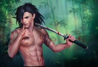 Картинка фэнтези люди мужчина uchiha madara naruto аниме татуировки кровь оружие катана zetsuai89 арт