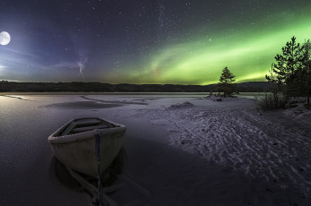 Картинка корабли лодки +шлюпки река зима лодка сполохи