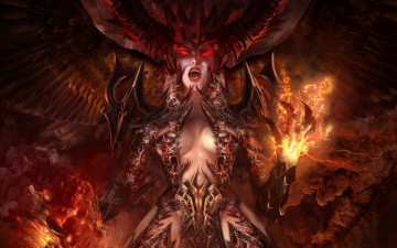 Картинка фэнтези демоны рога доспехи демон девушка дым магия когти