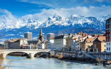 Картинка города -+пейзажи пейзаж дома мост река франция гренобль grenoble облака снег альпы горы