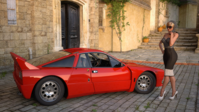 Обои картинки фото автомобили, 3d car&girl, девушка, взгляд, фон, автомобиль