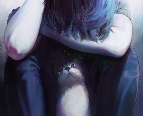 Картинка аниме животные +существа арт tada no saboten yue кот слезы капли парень