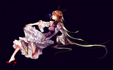Картинка аниме touhou бабочка yukari yakumo длинные волосы закрытые глаза фон фиолетовый туфли