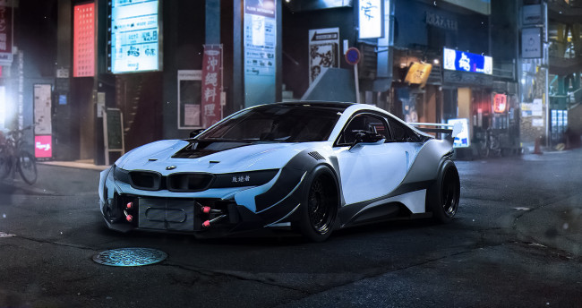 Обои картинки фото автомобили, виртуальный тюнинг, city, night, car, by, khyzyl, saleem, bmw, race, future, tuning, white, i8