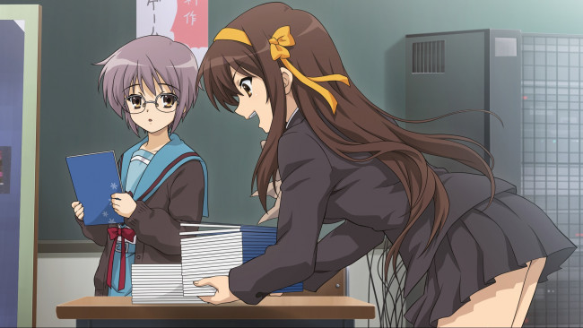 Обои картинки фото аниме, the melancholy of haruhi suzumiya, фон, взгляд, девушки