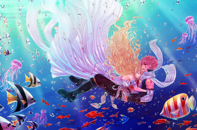 Обои картинки фото аниме, fairy tail, lucy, heartfilia, natsu, dragneel, fairy, tail, art, anime, под, водой, парень, девушка, раны, рыбы, вода
