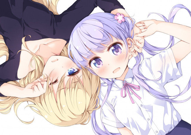 Обои картинки фото аниме, new game, взгляд, фон, девушки