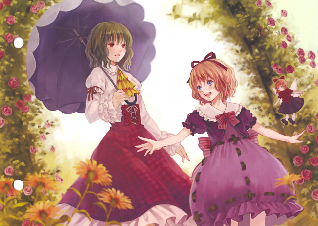 Обои картинки фото аниме, touhou, sanba, fukahire, art, арка, радость, бант, розы, kazami, yuuka, календула, зеленые, волосы, зонт, cirno, medicine, melancholy