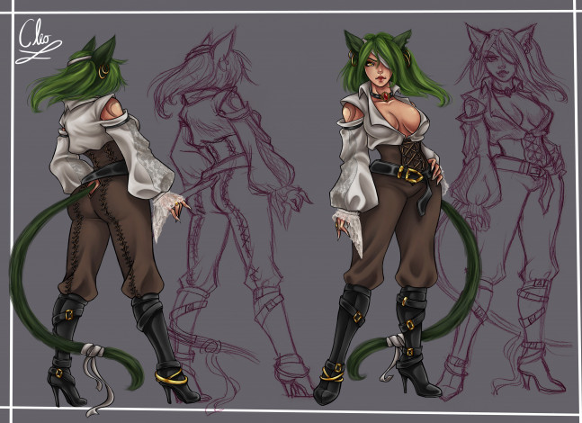 Обои картинки фото рисованное, комиксы, фон, девушка, взгляд, хвост