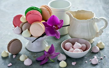 Картинка еда макаруны орхидеи ассорти печенье лакомство