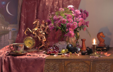 Картинка еда натюрморт свеча виноград чай