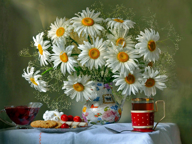 Обои картинки фото еда, натюрморт, варенье, ромашки, чай