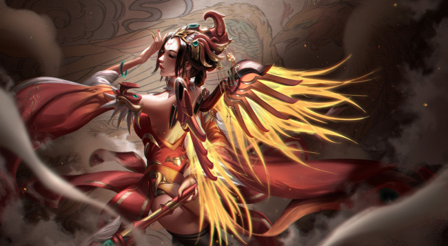 Обои картинки фото видео игры, overwatch, крылья, девушка