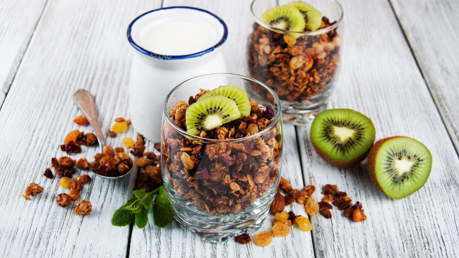Обои картинки фото еда, мюсли,  хлопья, киви