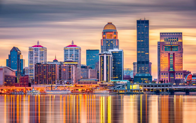 Обои картинки фото louisville,  kentucky,  usa, города, - огни ночного города, кентукки, современные, здания, закат, горизонт, 4k, луисвилл, hdr, америка, сша