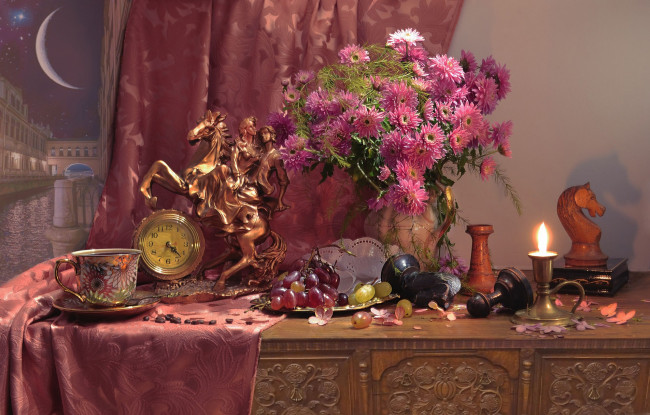 Обои картинки фото еда, натюрморт, свеча, виноград, чай