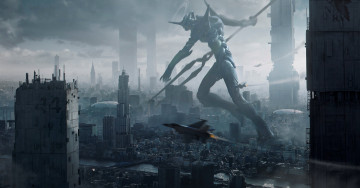 Картинка аниме evangelion eva меха робот самолеты город