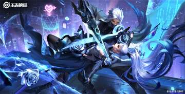 обоя видео игры, king of glory, парень, девушка, оружие, бой, город, роза