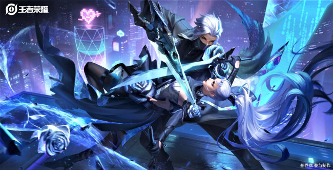 Обои картинки фото видео игры, king of glory, парень, девушка, оружие, бой, город, роза