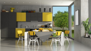 Картинка интерьер кухня шкафчики стол стулья