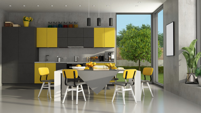 Обои картинки фото интерьер, кухня, шкафчики, стол, стулья