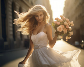 Картинка красота 3д+графика портрет+ portraits взгляд девушка цветы лицо город портрет букет невеста белое платье цифровое искусство ии-арт нейросеть искусственного интеллекта
