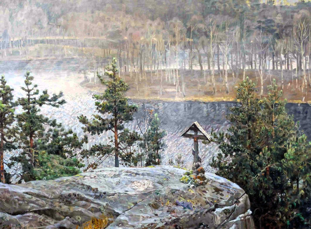 Обои картинки фото павел рыженко, -валаам, рисованное, лес, деревья, острова, река, камень, крест