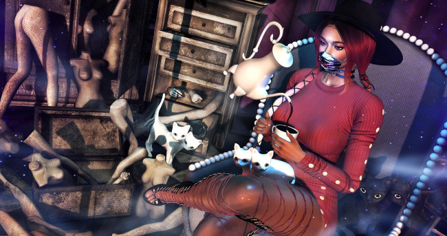 Обои картинки фото 3д графика, фантазия , fantasy, девушка, шляпа, маска, платье, кошки, манекены, чашка, чайник