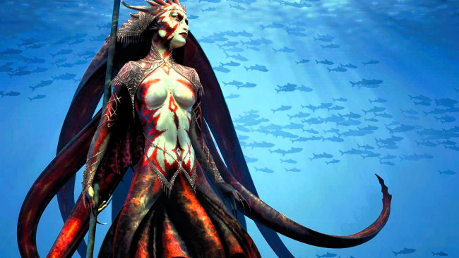 Обои картинки фото 3д графика, существа , creatures, существо, женщина, копье, щупальца, море, рыба