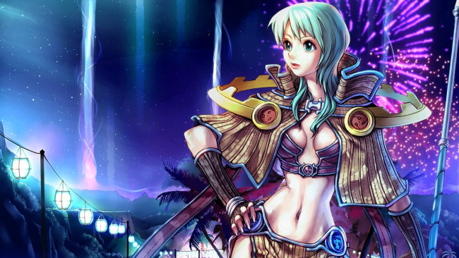 Обои картинки фото видео игры, ragnarok online, девушка, наряд, копье, фонари, салют