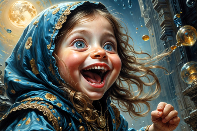 Обои картинки фото рисованное, дети, девочка, наряд, радость, пузыри