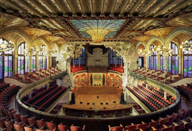 Обои картинки фото академический, музыкальный, театр, барселоне, испания, интерьер, театральные, концертные, кинозалы, сцена, арки, лепнина