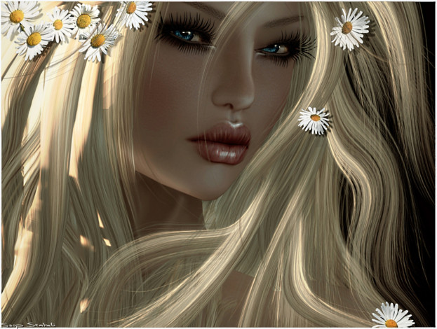 Обои картинки фото 3д, графика, portraits, портрет, ромашки, лицо, блондинка