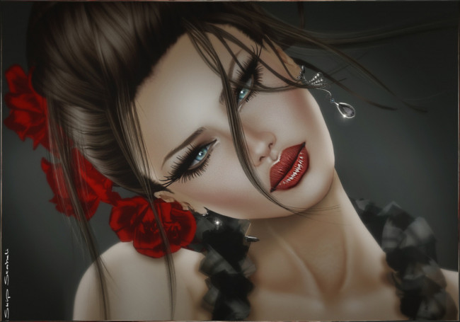 Обои картинки фото 3д, графика, portraits, портрет, лицо, девушка, волосы, брюнетка