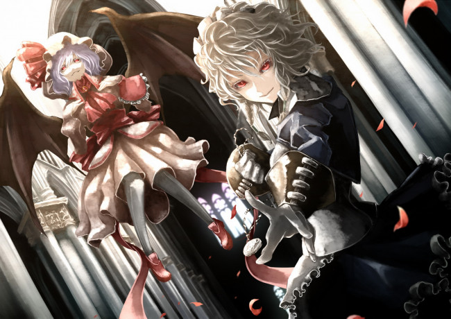 Обои картинки фото аниме, touhou, ремилия, скарлет, сакуя, изаё