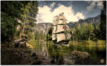 Картинка фэнтези пейзажи река медведи парусник
