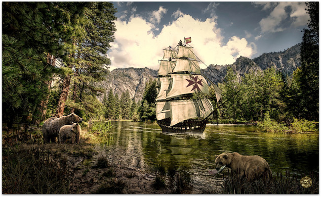 Обои картинки фото фэнтези, пейзажи, река, медведи, парусник