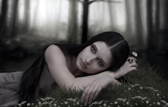 Обои картинки фото -Unsort Брюнетки Шатенки, девушки, unsort, брюнетки, шатенки, тайна, ромашка, глаза