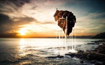 Картинка разное компьютерный+дизайн камень полет человек остров звезды облака небо море пейзаж арт вода закат