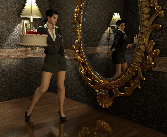 Обои картинки фото 3д графика, люди , people, девушка, взгляд, зеркало, торт