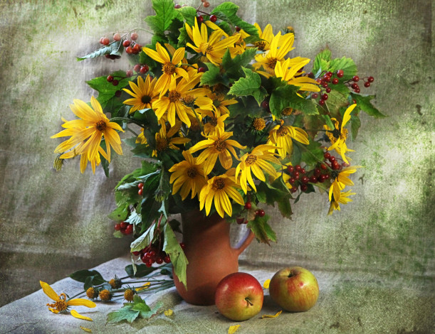 Обои картинки фото цветы, рудбекия, яблоки, калина