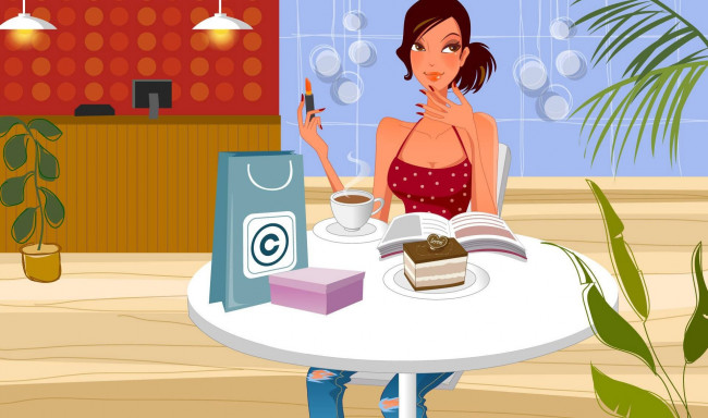 Обои картинки фото векторная графика, девушки, кекс, книги, помада, растение, стол, взгляд, девушка
