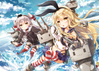 Картинка аниме kantai+collection kantai collection amatsukaze shimakaze море брызги роботы kancolle ayuya naka no hito арт девочки небо